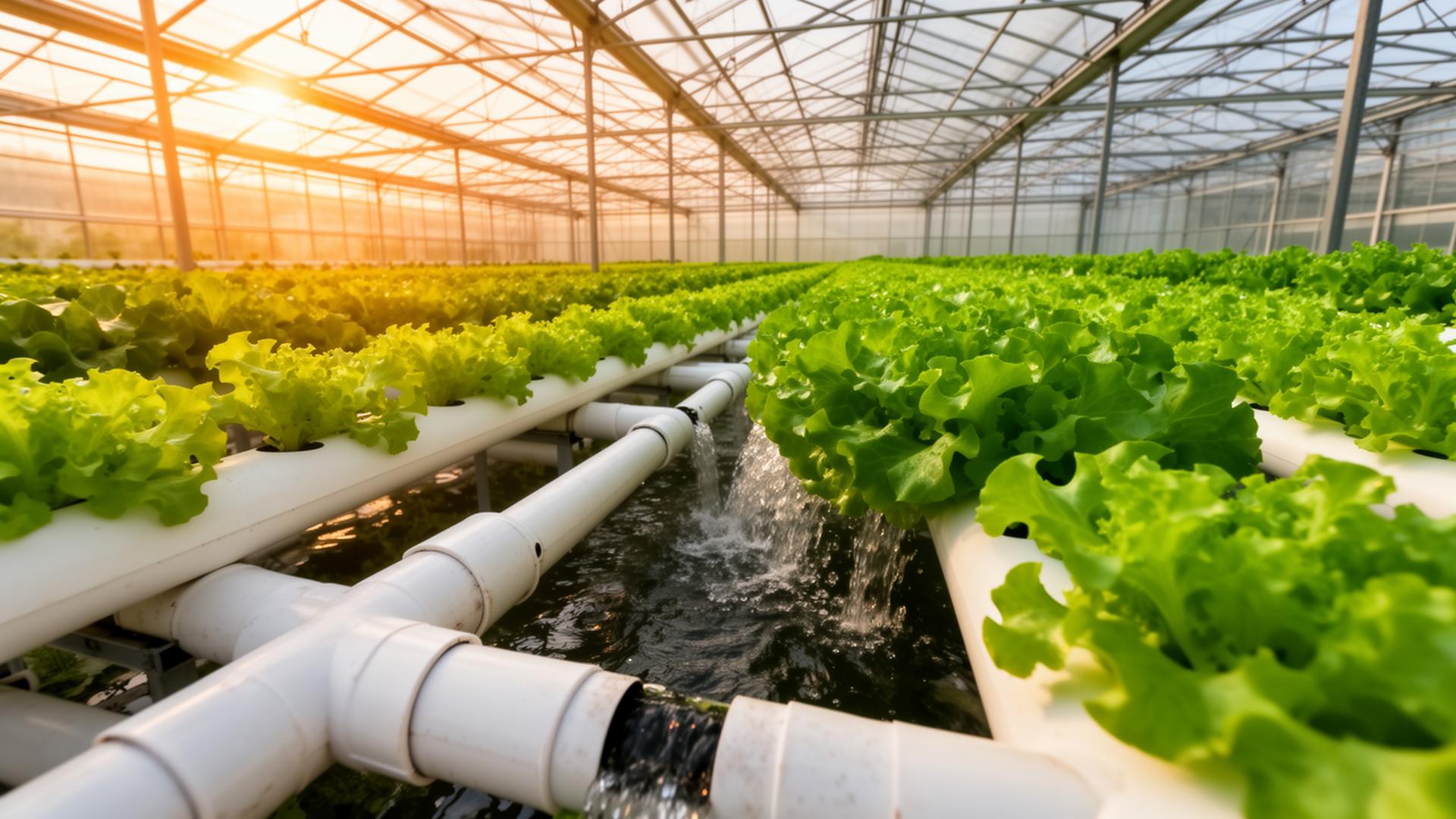 Invernadero hidropónico moderno con plantas de lechuga fresca creciendo en sistemas hidropónicos